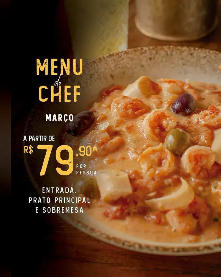 Menu de Chef do NAU em João Pessoa, disponível de 06 a 26 de março. Inclui entrada, prato principal e sobremesa a partir de R$ 79,90.