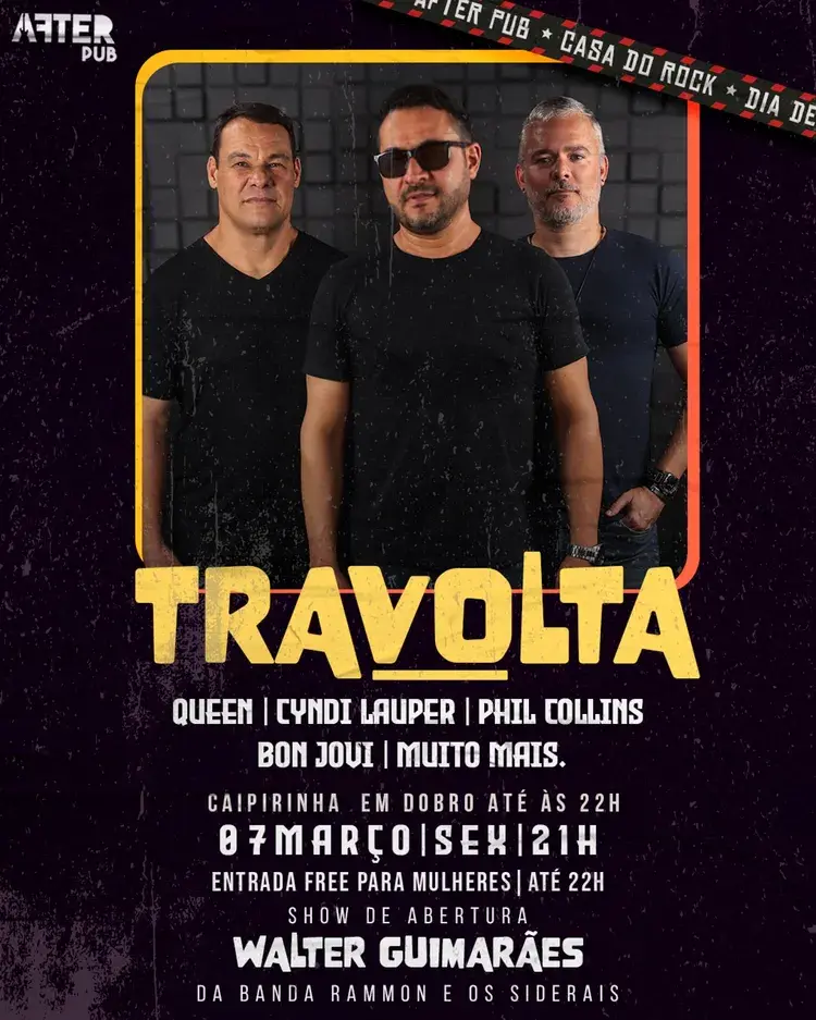 Pôster do evento com informações sobre a Banda Travolta, data 07 de março, horário 21h, local After Pub em João Pessoa, e informações sobre a promoção de caipirinha e entrada gratuita para mulheres até 22h.