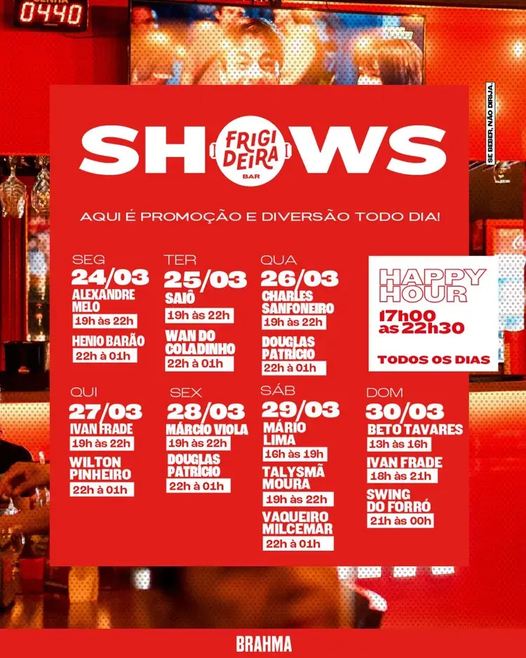 Cartaz da programação de shows do Frigideira Bar, destacando Alexandre Nobre e Heno Barão no dia 24 de março.