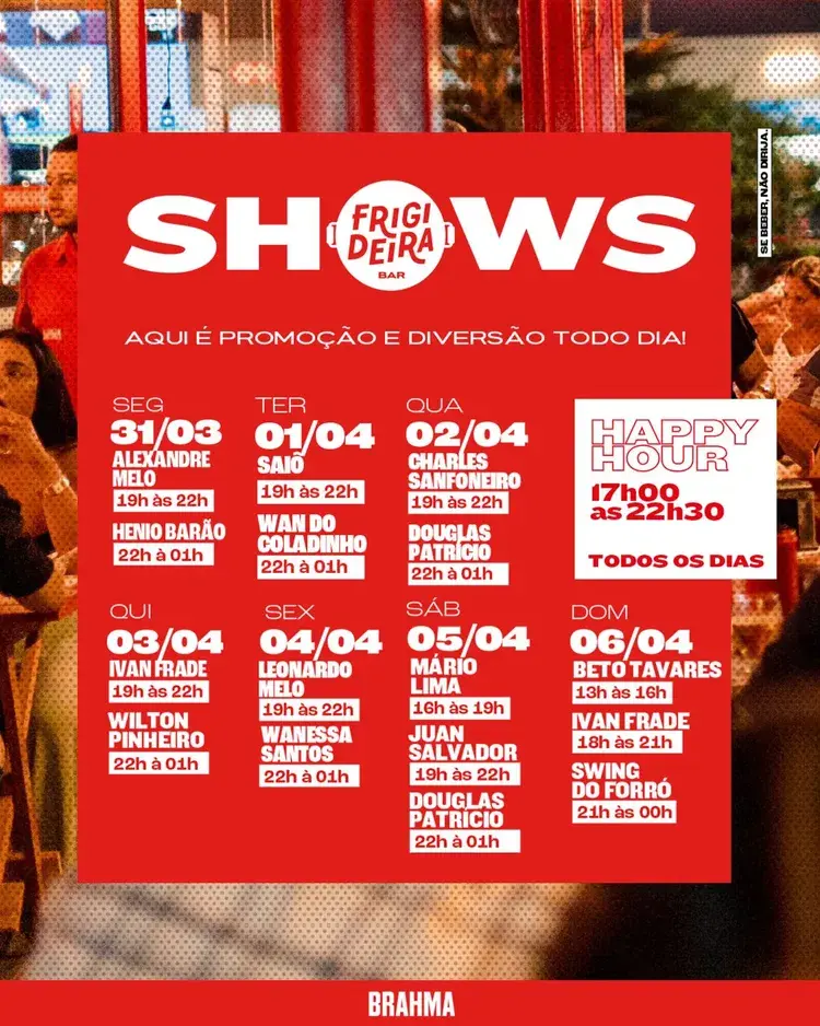 Cartaz da programação de shows do Frigideira Bar com informações sobre os artistas e horários dos shows ao vivo.