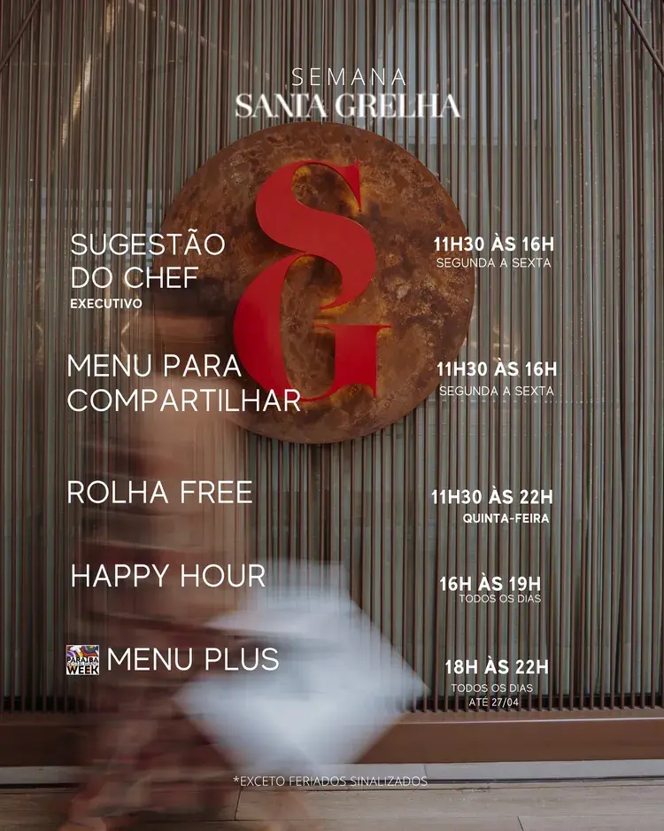 Imagem com o logotipo da Santa Grelha e detalhes da programação da Semana Santa Grelha, incluindo horários e atividades disponíveis no Espaço Gourmet do Manaira Shopping.