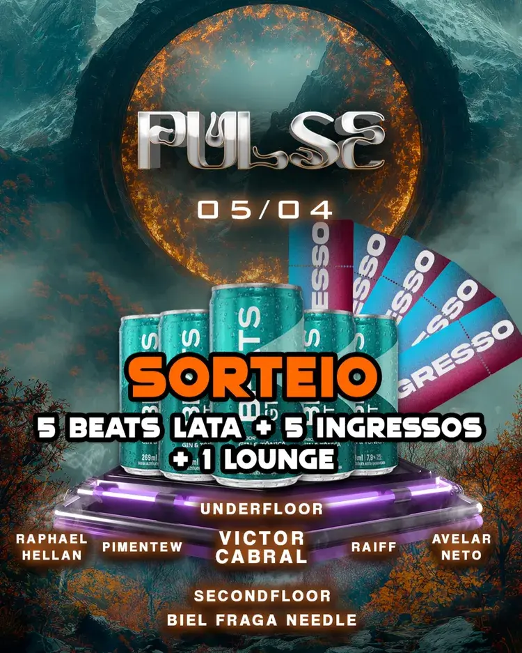 Cartaz do evento PULSE com os DJs Victor Cabral, Raphael Hellan, Raiff, Avelar e Weverton Pimentel, além de Raphael Fraga, Biel e Needle, destacando a data 05/04 no Empório Café em João Pessoa.