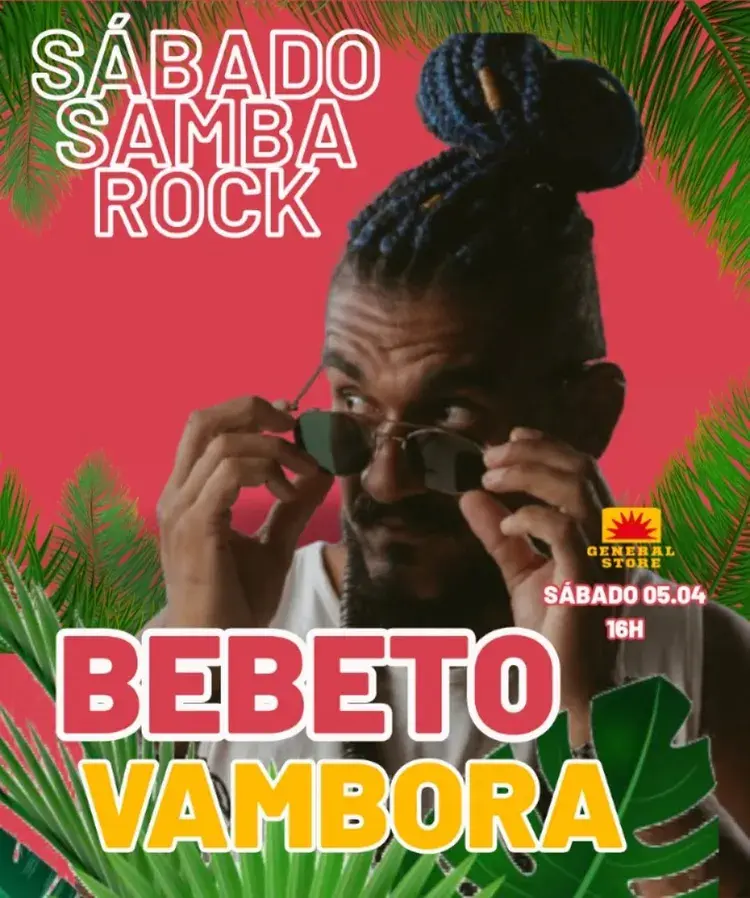 Banda Bebeto Vambora se apresentando ao vivo na calçadinha da General Store, com público animado e decoração festiva.