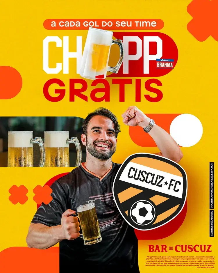 Promoção do Bar do Cuscuz: a cada gol do seu time, chopp grátis para torcedores com a camisa do time. Imagem de um homem segurando uma caneca de chopp e a logo do Cuscuz FC.