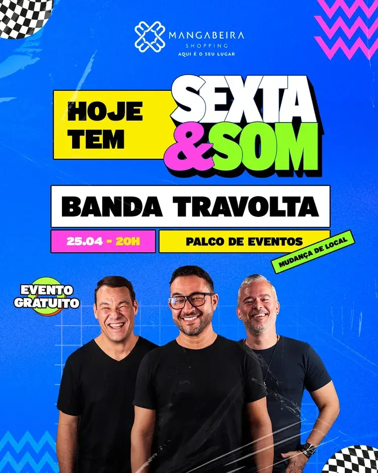 Imagens da Banda Travolta se apresentando na Praça de Alimentação do Mangabeira Shopping, com pessoas se divertindo e cantando junto.