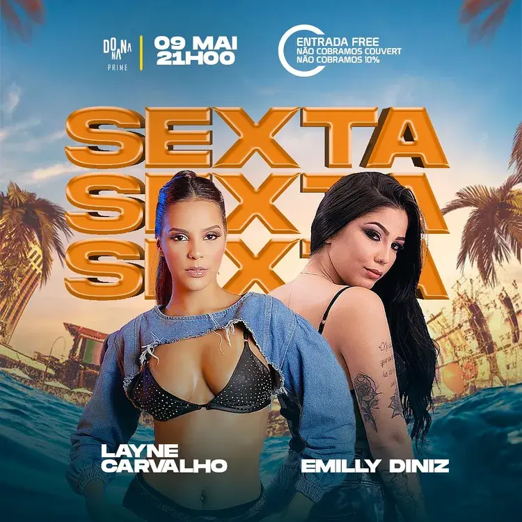 Imagem promocional do evento com Layne Carvalho e Emilly Diniz, anunciando a festa na Dona Prime no dia 09 de maio às 21h.