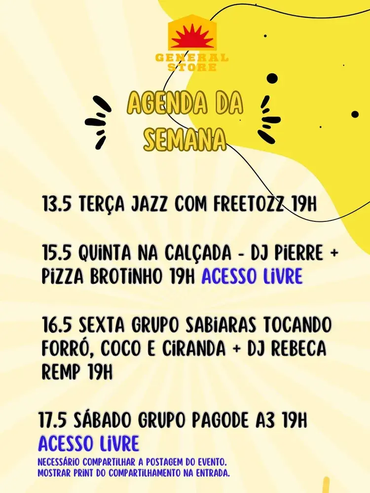 Cartaz do evento com informações sobre a apresentação de Luizinho Calixto no General Store, destacando a data, horário e a temática do evento.