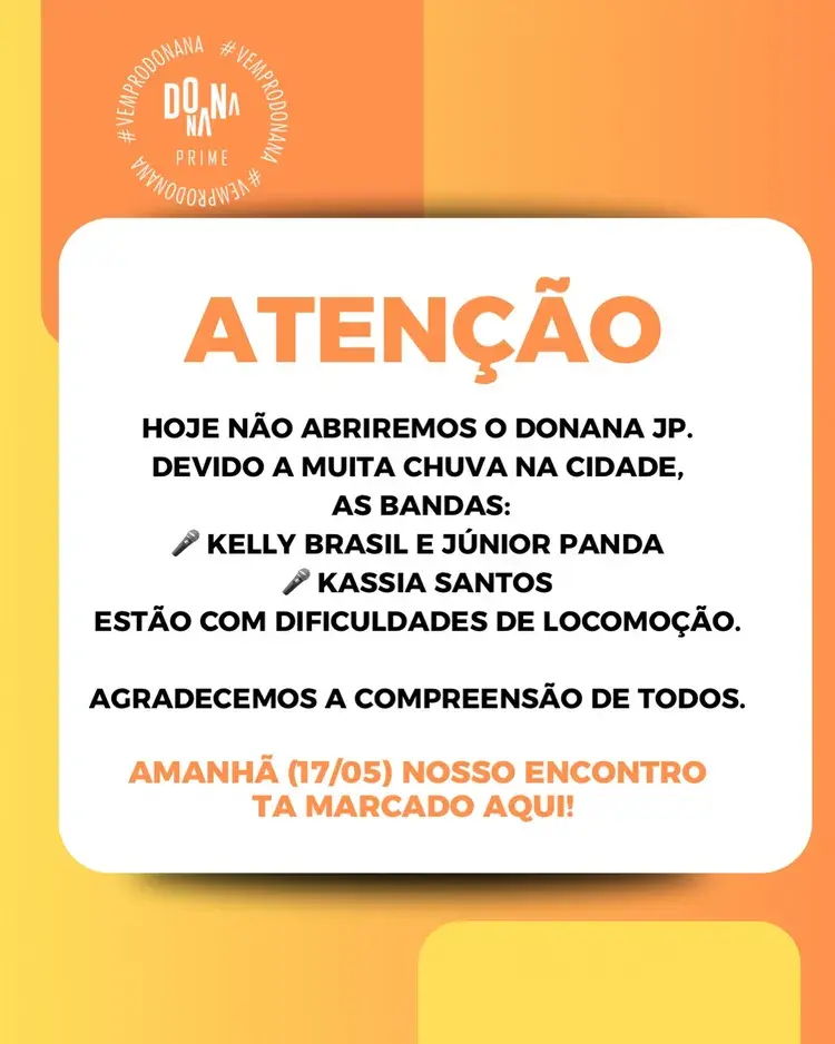Post informando sobre o encontro no Donana JP, com detalhes sobre as bandas Kelly Brasil, Júnior Panda e Kassia Santos que participarão do evento. O post menciona que o encontro ocorrerá amanhã, dia 17/05.