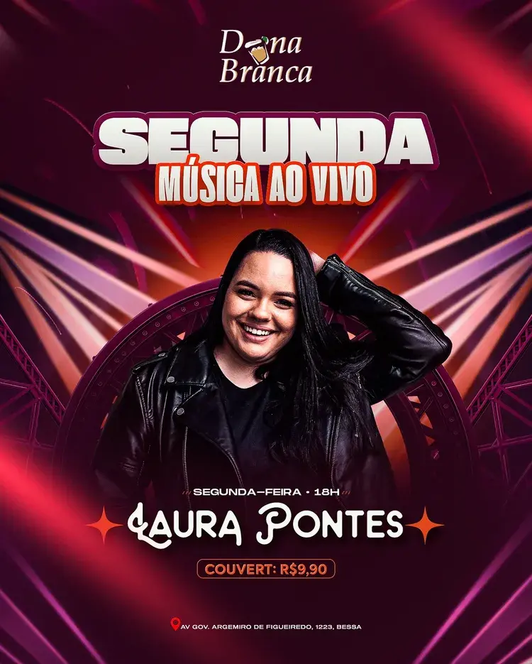 Imagem do evento no Dona Branca com detalhes sobre a apresentação de música ao vivo com Reduto do Samba e Débora Juness, incluindo horários e preço do couvert. Localização na Avenida Gov. Argemiro de Figueiredo, 1223, Jardim Oceania.