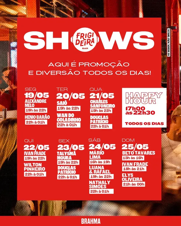 Cartaz com programação de shows ao vivo no Frigideira Bar, incluindo artistas e horários específicos de cada apresentação, com destaque para o Happy Hour das 17h às 22h30.