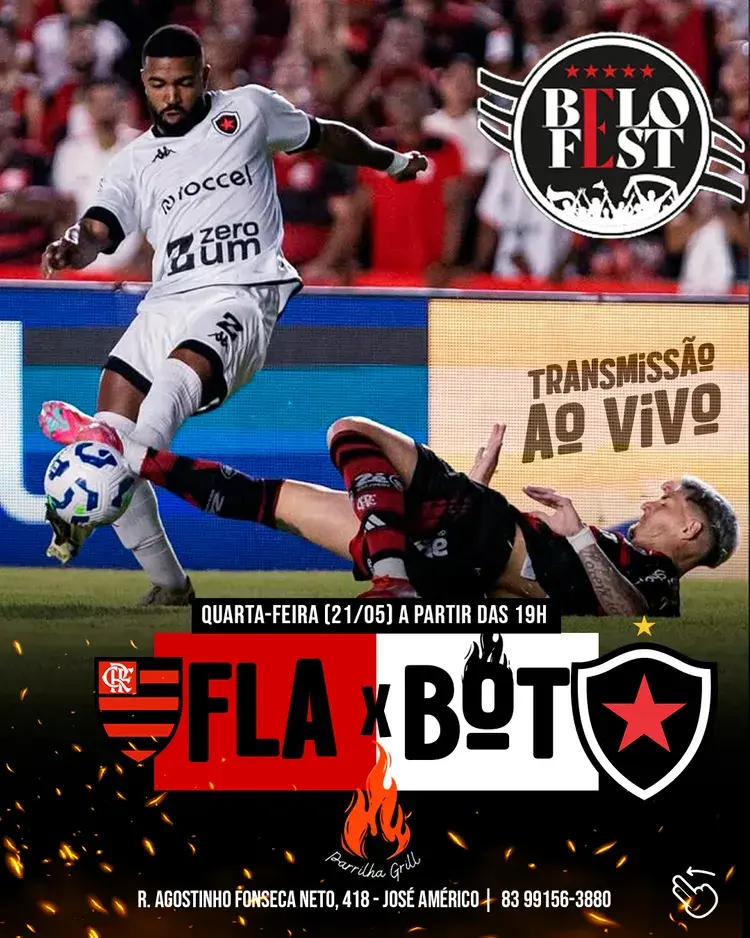 Imagem promocional do evento Belo Fest no Parrilha Grill, destacando a partida FLA x BOT, com informações sobre sorteios e atrações do evento.