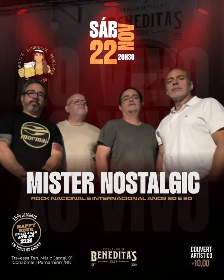 Imagem promocional do evento na Benedita's Beer em Parnamirim com a bandaauthentic, data sexta 21 de novembro às 20h30, happy hour com 15% de desconto em todos os chopes até 21h, couvert artístico de R$ 10,00.