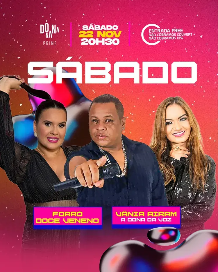 Cartaz do evento Véspera de Feriado no Donana Prime em João Pessoa com as bandas Aline Dias e Layne Carvalho, data 19 de novembro às 21h, entrada gratuita a noite toda.