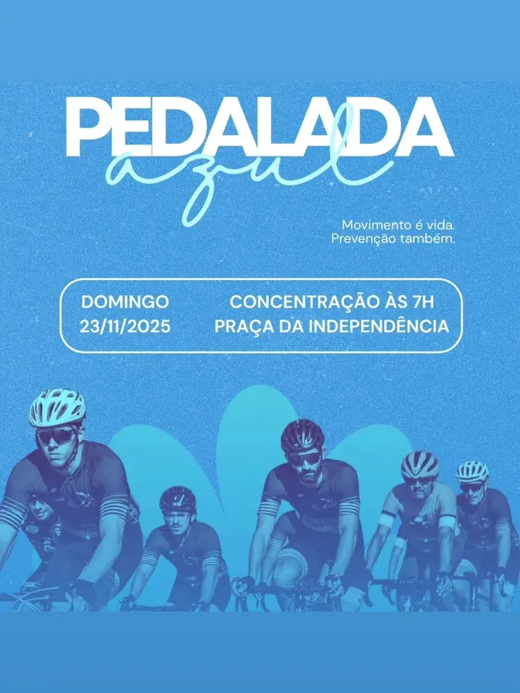 Imagem promocional da Pedalada Azul em João Pessoa, com texto destacando data (23/11/2025), concentração às 7h na Praça da Independência, e ciclistas em ação, promovendo o evento de conscientização sobre saúde do homem.