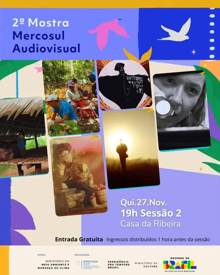 Imagem com texto '2ª Mostra Mercosul Audiovisual'. Imagens relacionadas à exibição audiovisual e curtas-metragens.