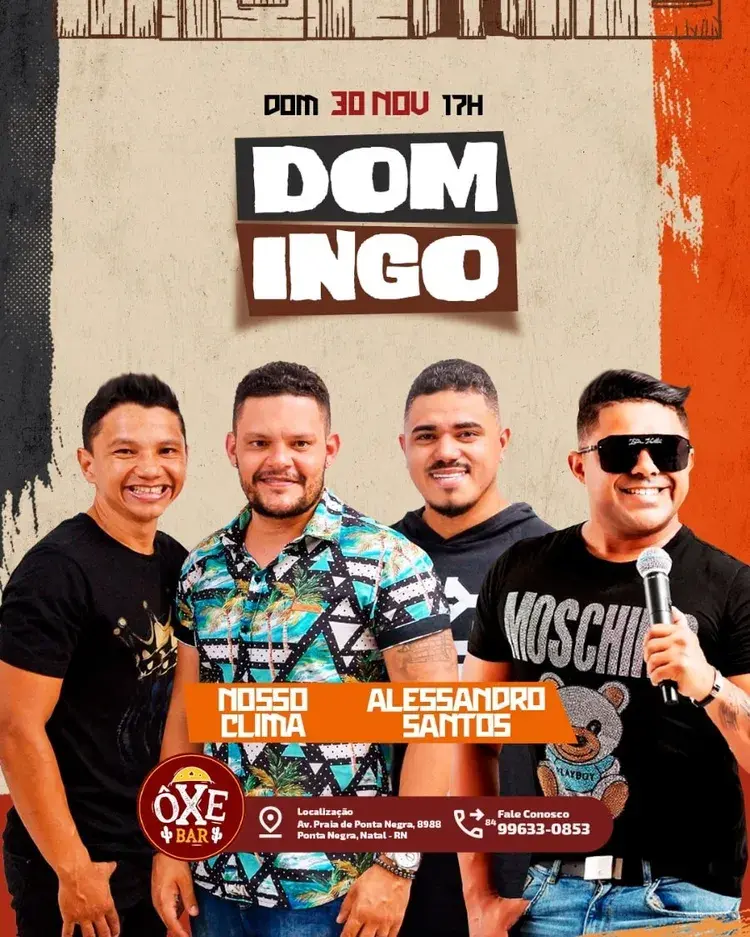 Cartaz do evento com Naldinho Ribeiro tocando acordeão, anunciando 'Quinta no Ôxe Bar' dia 27 de novembro às 17h, localizado na Av. Praia de Ponta Negra, 8988, Ponta Negra, Natal - RN.