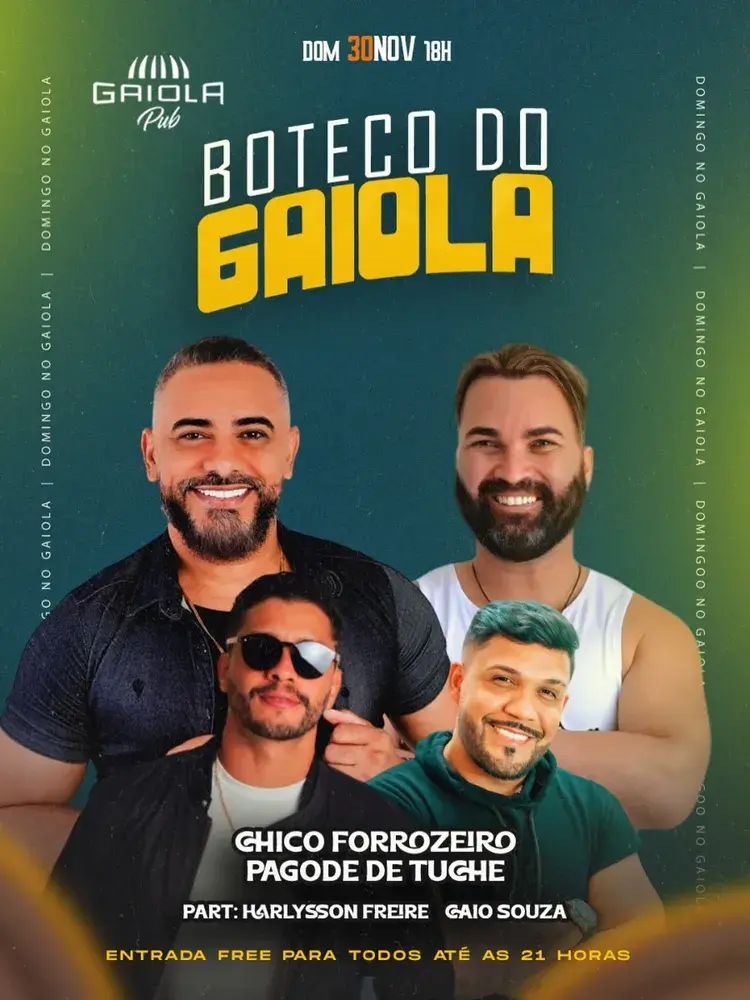 Imagem promocional do evento Sábado no Gaiola com Fabinho Fernandes, Vanny Flow e DJ Edson Almeida, data 29 de novembro às 21h, local Gaiola Pub.