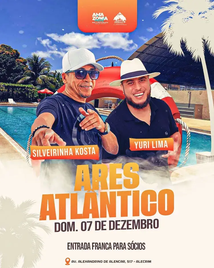 Cartaz do evento com Silveirinha Kosta e Yuri Lima, data 07 de dezembro, local Av. Alexandrino de Alencar, 517 - Alecrim, Natal, promovido pela ARES Atlântico.