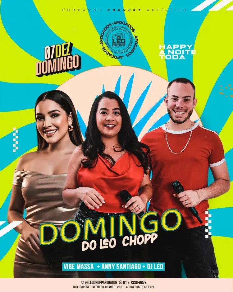 Imagem promocional do evento 'A Volta da Banda Mega Star' no Léo Chopp Afogados, com a data 05 de dezembro às 20h e fotos dos integrantes das bandas e artistas participantes.