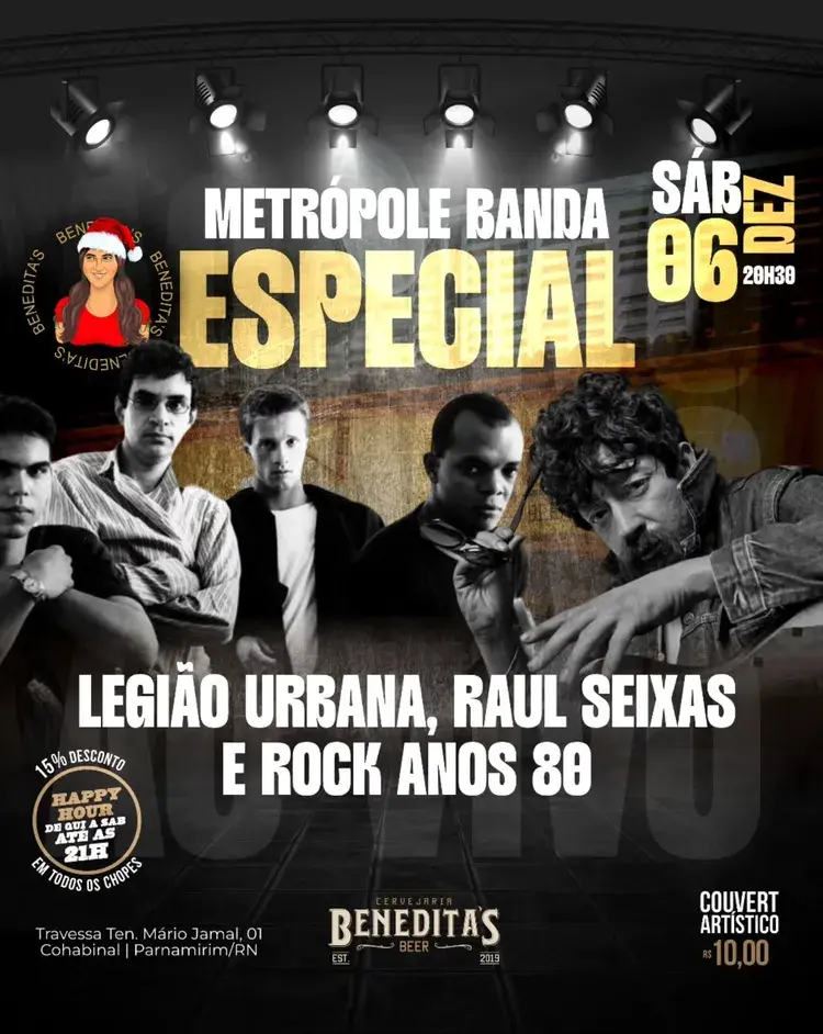 Imagens mostram Natália Cavalcanti e um músico tocando violão em um palco com iluminação colorida, texto nas imagens mencionando "Cinco" e "da".