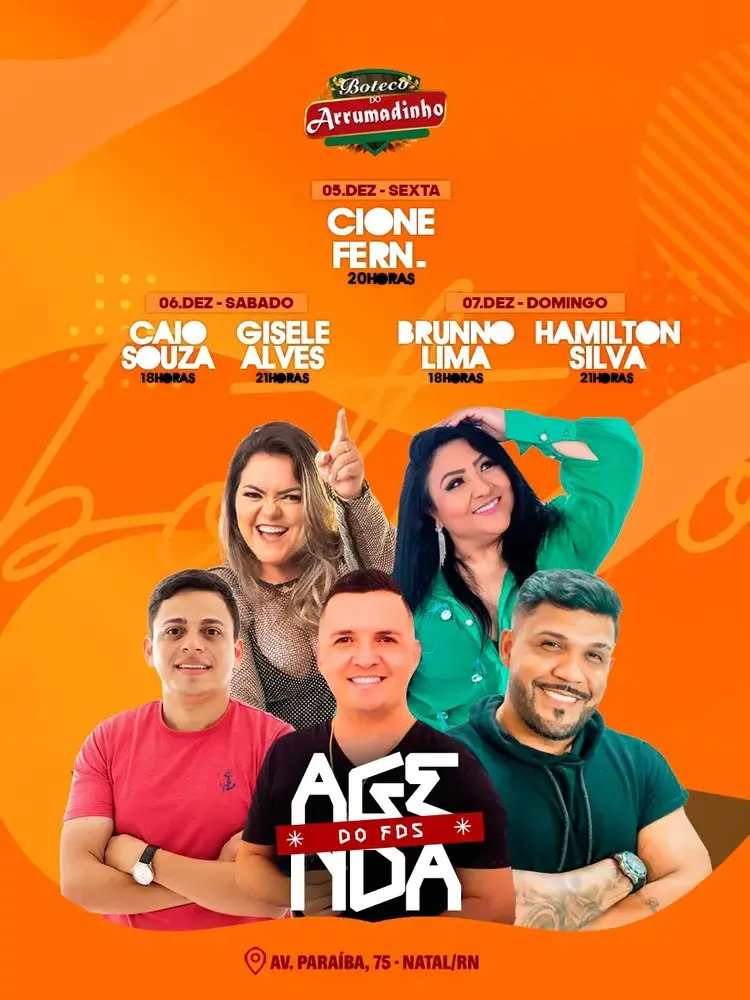 Imagem promocional do Boteco do Arrumadinho com a programação musical para o fim de semana de 5 a 7 de dezembro em Natal/RN, apresentando os artistas Cione Fern., Caio Souza, Gisele Alves, Brunno Lima e Hamilton Silva, com horários indicados para cada show e endereço na Av. Paraíba, 75.