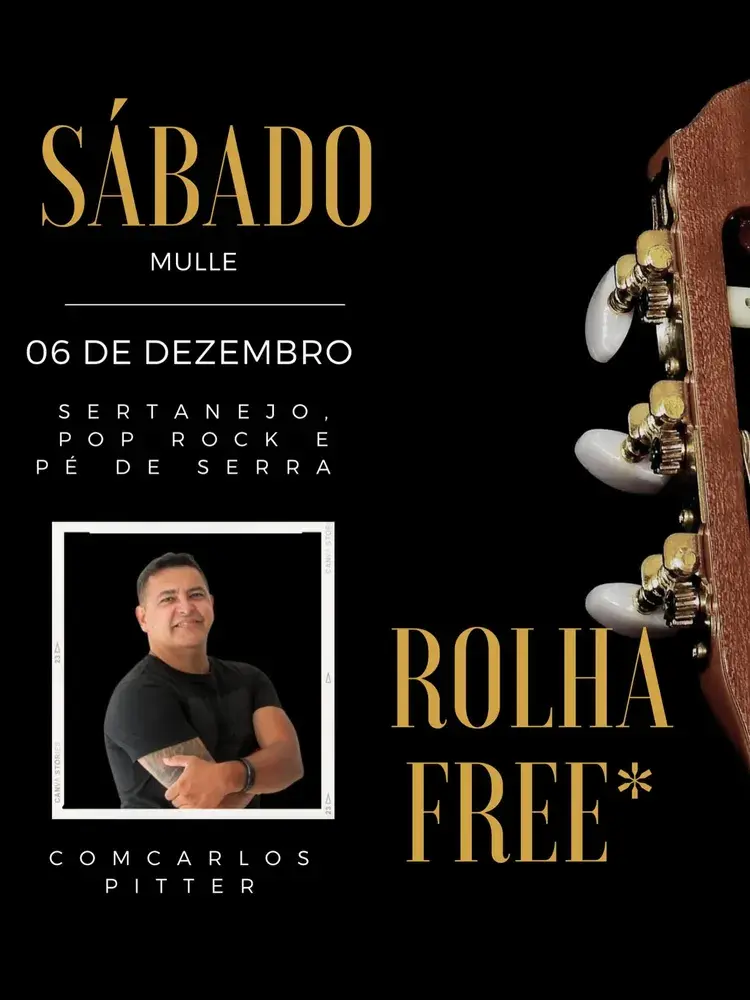 Imagem com pratos variados de comida e bebida, texto indicando programação diferente no Carnatal com Rolha Free e boa música, datas 5 e 6 de dezembro, promoção de cortesia para vinhos e espumantes no Mulle-Restaurante em Natal.