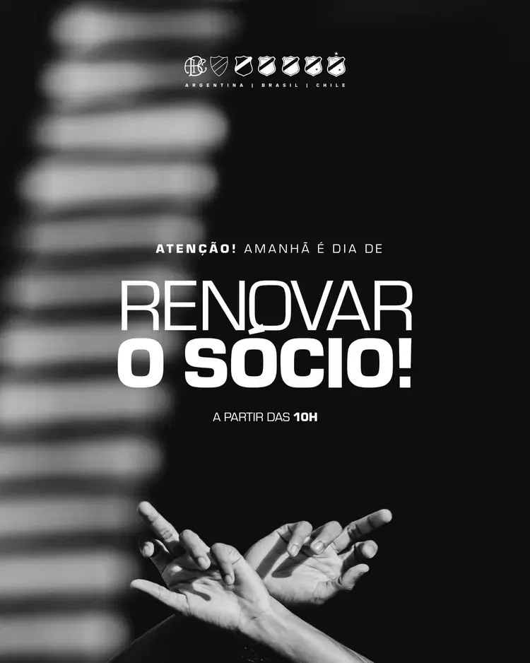Imagem com texto "Atenção! Amanhã é dia de renovar o sócio! A partir das 10h" com mãos entrelaçadas em preto e branco, relacionada ao ABC Futebol Clube.
