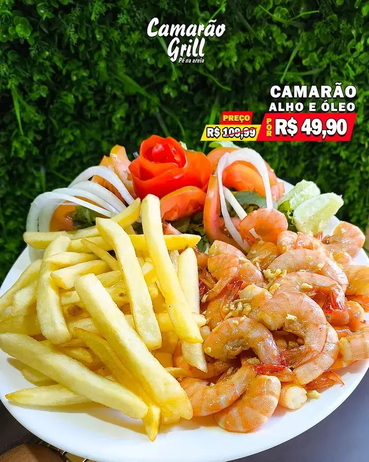 Imagem de prato com camarão crocante, bebida e caldinho, com texto indicando promoção do camarão crocante de R$ 54,99 por R$ 19,90, no Camarão Grill em João Pessoa, válida em 17/12/2025.