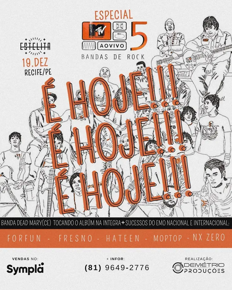 Imagem promocional do Especial MTV ao Vivo 05 Bandas de Rock no Estelita, Recife, dia 19 de dezembro. Desenho das bandas Forfun, Fresno, Hateen, Moptop, NX Zero e Dead Mary (CE). Contato para informações e venda de ingressos no Sympla.