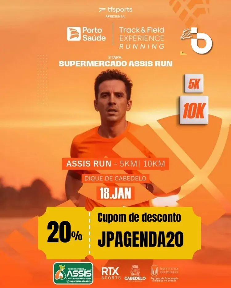 Imagem promocional da corrida Track&Field Experience Running Supermercado Assis com data 18 de janeiro, local Dique de Cabedelo, com destaque para corrida de 5km e 10km e cupom de desconto JPAGENDA20.
