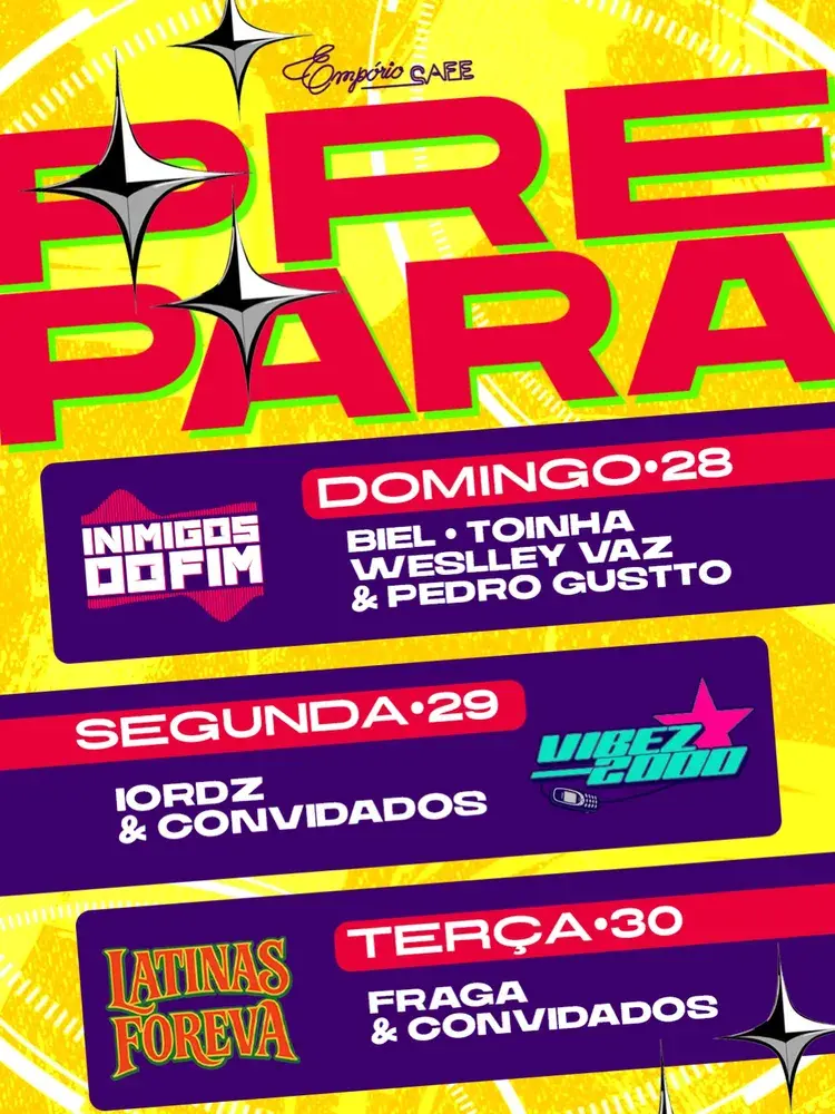 Imagem promocional do evento Eu Disse Jingle Bells no Empório Café com data 25 de dezembro, mostrando os DJs Iordz e Cabral com gorros de Papai Noel, texto indicando entrada gratuita e Karaokê do Empório no Beer Garden.