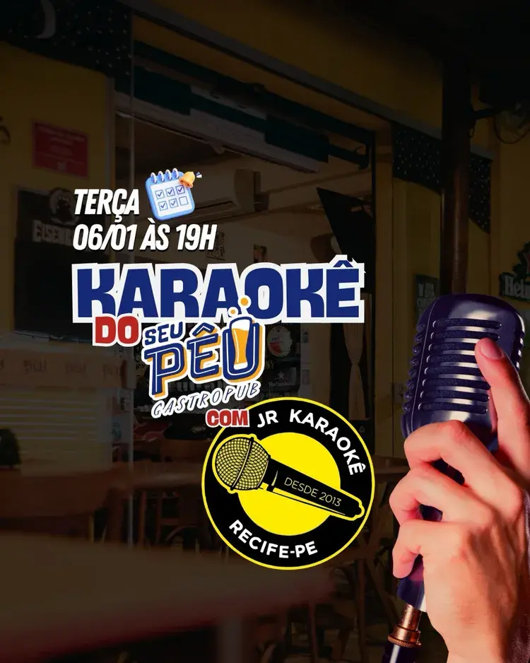 Imagem do evento Karaokê do Seu Peu com data 06/01 às 19h, microfone na mão, ambiente interno do bar Seu Peu GastroPub em Recife.
