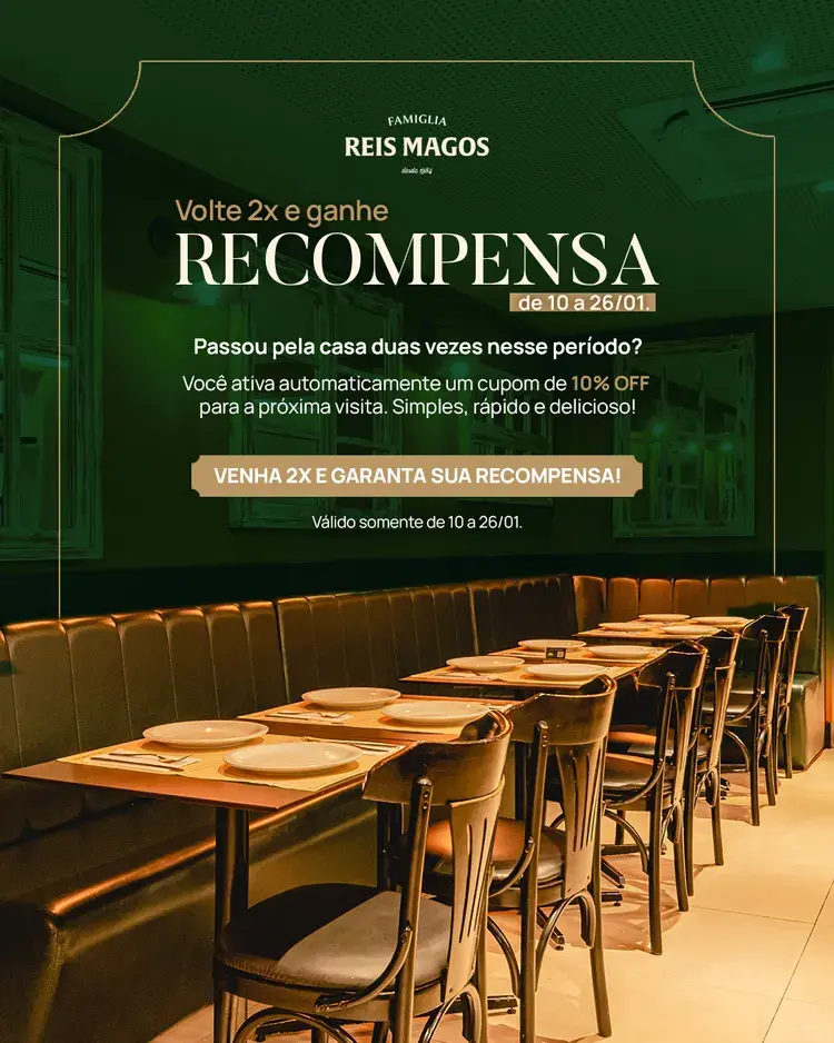 Imagem mostra um interior do restaurante Famiglia Reis Magos com mesas e cadeiras e texto da promoção que oferece recompensa de 10% OFF de 10 a 26/01, além de fotos de pratos italianos preparados no local.