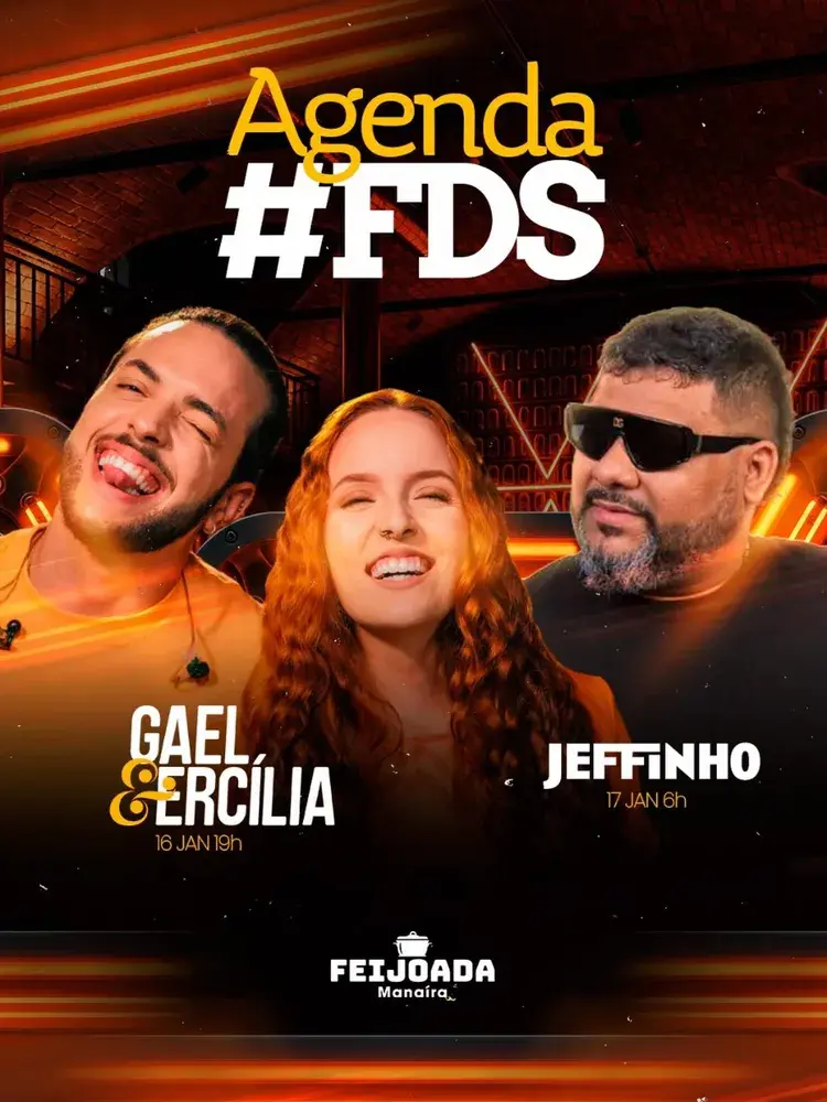 Imagem promocional com os artistas Matheus Gael e Maria Ercília para show no dia 16 de janeiro às 19h na Feijoada Manaíra.