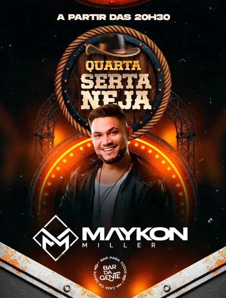 Cartaz do evento Quarta Sertaneja no Bar Da Gente com show de Maykon Miller a partir das 20h30, imagem do cantor sorridente com chapéu de cowboy no logo do evento.