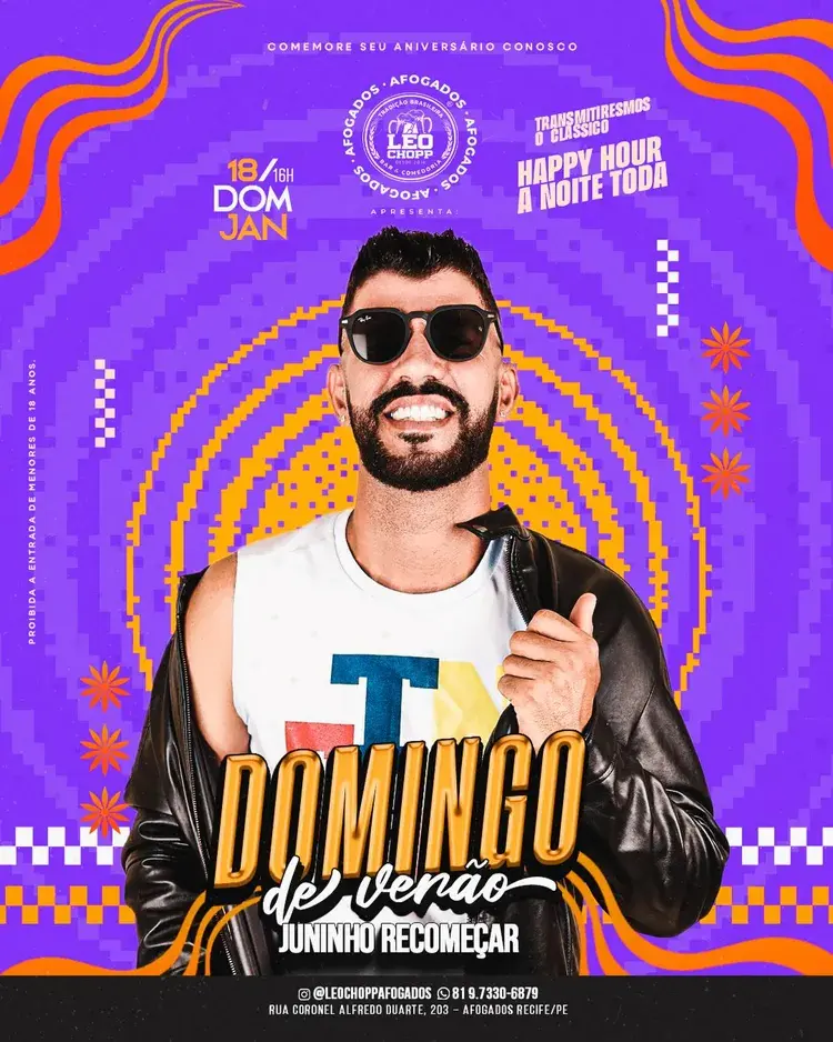 Cartaz promocional do evento Domingo de Verão no Leo Chopp Afogados, com data 18 de janeiro às 16h, imagem do artista Juninho Recomeçar, e menção ao jogo clássico Náutico x Sport e happy hour à noite.