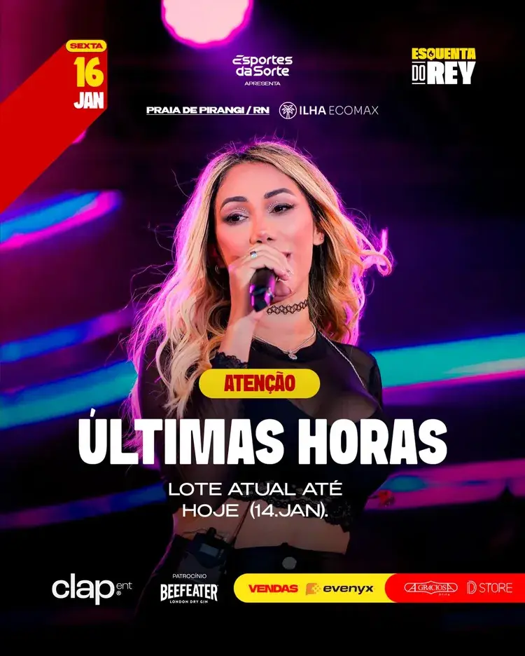 Imagem do evento Esquenta do Rey com Rey Vaqueiro cantando ao microfone em palco iluminado. Texto na imagem: 'Esquenta do Rey'