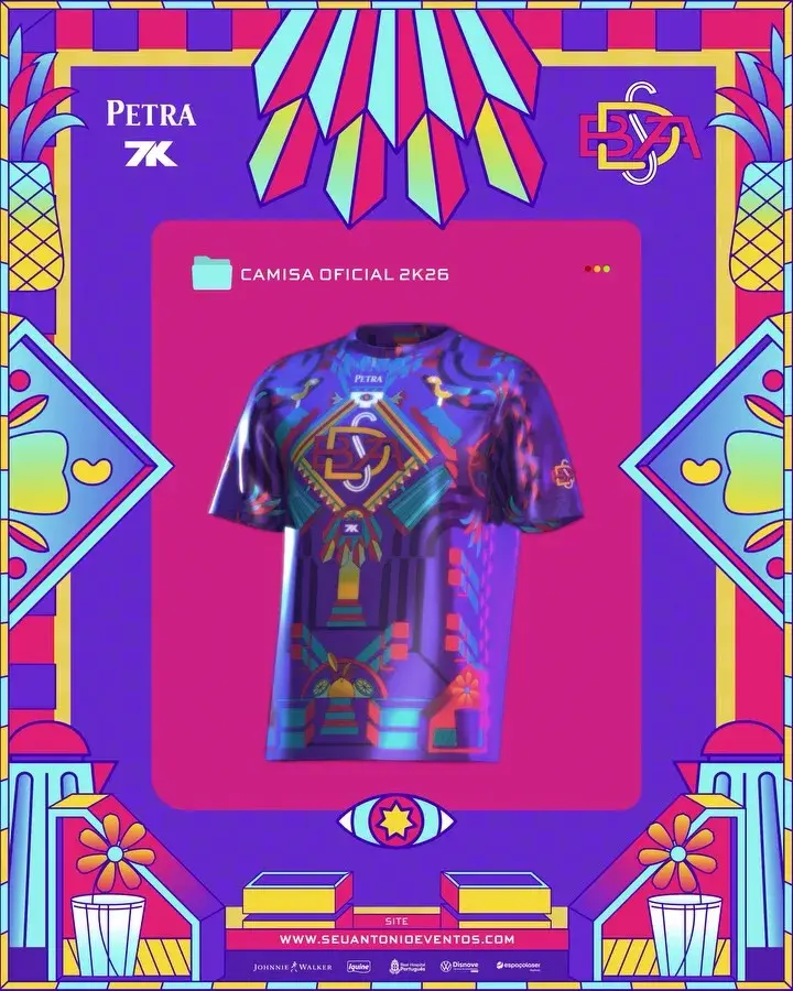 Imagem da camisa oficial 2k26 do Bloco de Seu Antônio (BDSA) com detalhes coloridos e vibrantes, informações sobre entrega das camisas entre 20 a 23 de janeiro no Shopping RioMar Recife e no dia do evento em 24 de janeiro no local do BDSA.