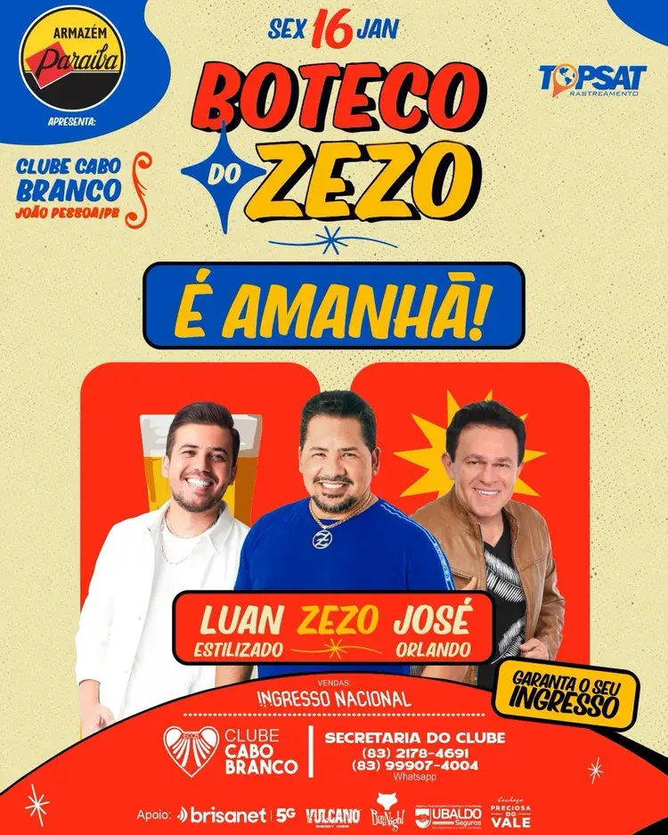 Imagem promocional do evento Boteco do Zezo no Clube Cabo Branco em João Pessoa, com data 16 de janeiro e ilustrações de copo de cerveja, garrafa e mesa com bebidas, além da foto do cantor Zezo.
