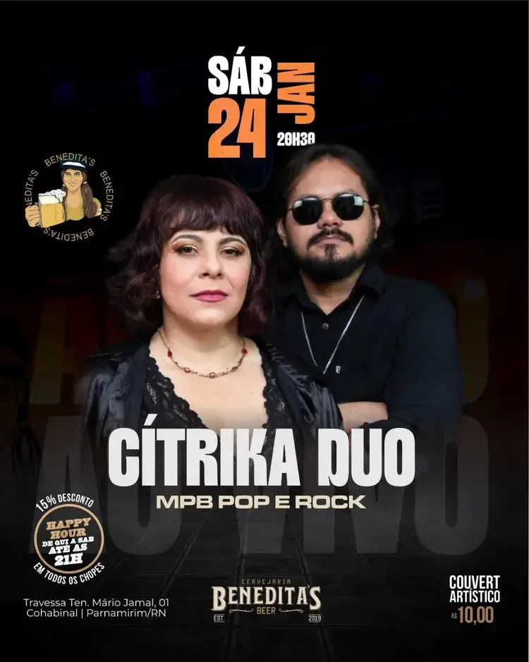 Promotional image for the Cítrika Duo show on January 24 at 8:30 PM at Cervejaria Benedita's Beer in Parnamirim, showing the musicians and info about happy hour and cover charge.