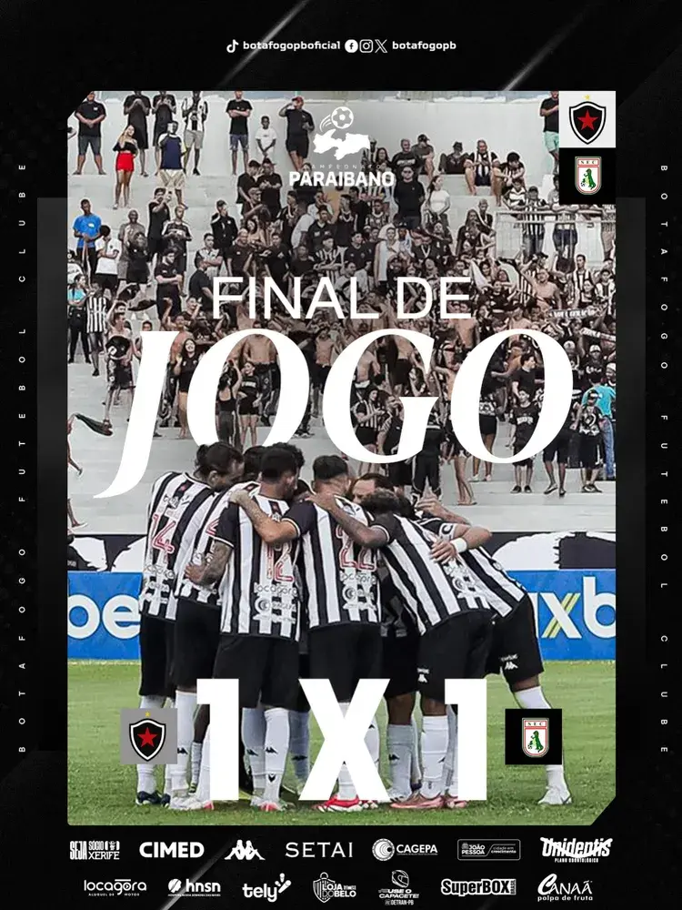Imagem da final do jogo de futebol entre Botafogo-PB e Sousa com torcida e jogadores no campo, mostrando placar 1x1 e logos dos times, data 24/01/2026