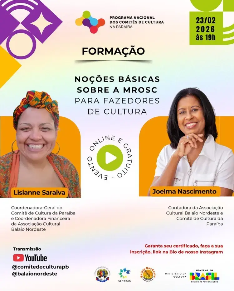 Cartaz do evento de formação sobre a MROSC, com informações sobre a data e a hora, apresentando as facilitadoras Lisianne Saraiva e Joelma Nascimento.