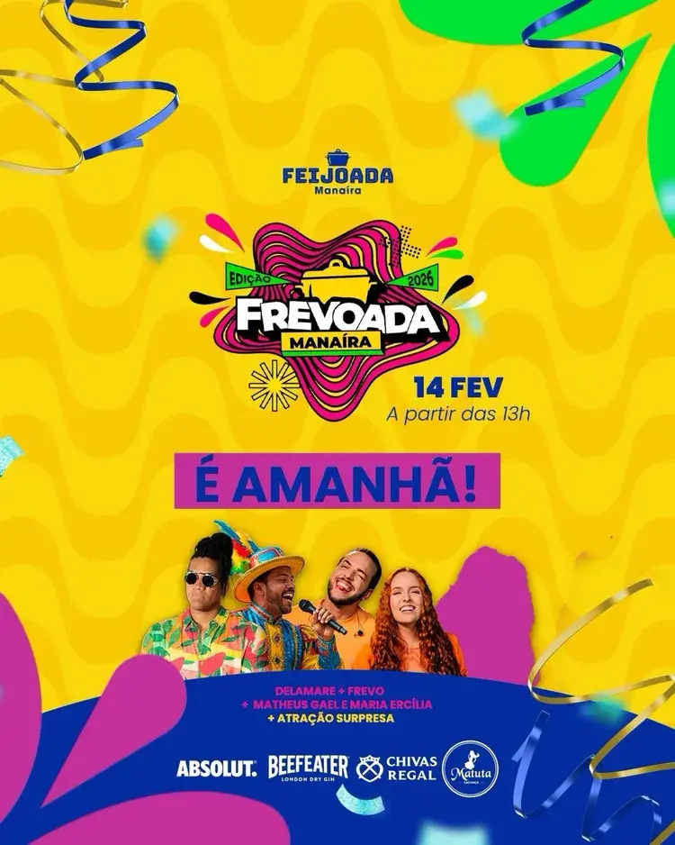 FREVOADA MANAÍRA 2026, dia 14 de fevereiro, a partir das 13h, com Delamare + Frevo, Matheus Gael e Maria Ercília, e atração surpresa, localizado em Av. São Gonçalo, 361 - Manaíra.
