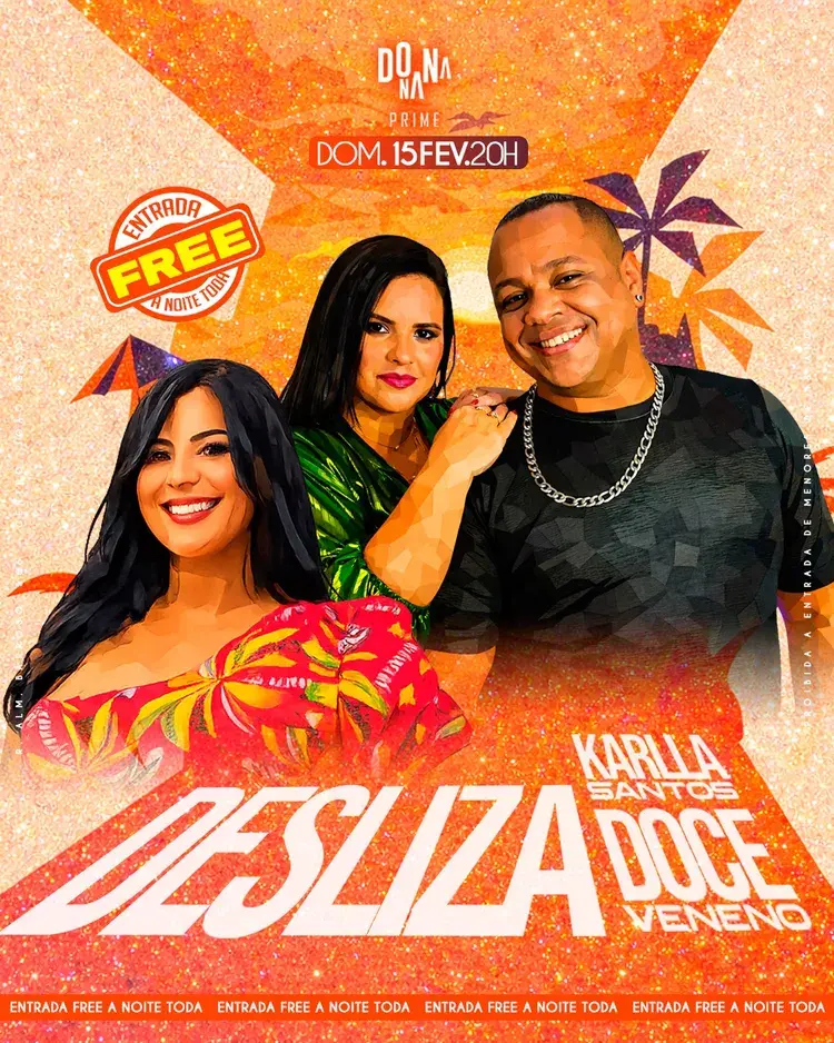 Postagem sobre o evento Domingueira na Dona Ana, apresentando os artistas Karla Santos e Doce Veneno, com detalhes sobre a data e entrada gratuita.