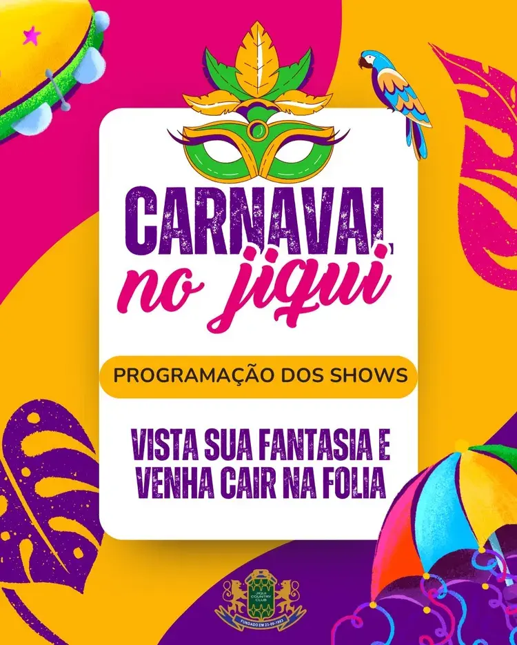 Carnaval no Jiqui 2026 - programação dos shows. Inclui festas e apresentações de Cristiane Velassy, João Monteiro, Iran Paixão, Banda Frisson Eclético e Orquestra no Jiqui Country Club.