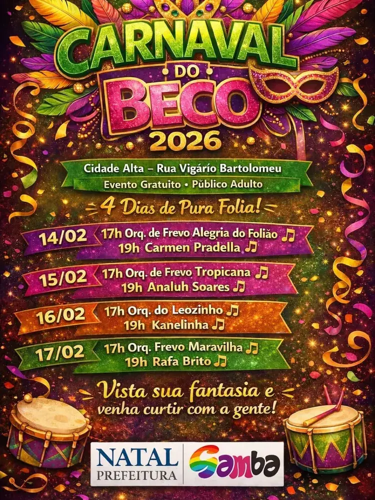 Cartaz do Carnaval do Beco 2026, com as atrações do dia 16 de fevereiro, ocorrido na Cidade Alta, Rua Vigário Bartolomeu, com entrada gratuita e diversas atrações programadas.