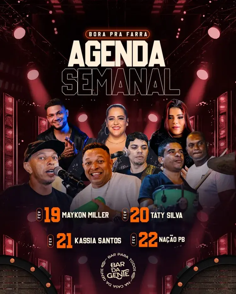 Agenda semanal do Bar Da Gente, apresentando os artistas para os dias 19 a 22 de fevereiro. Inclui Maykon Miller no dia 19 de fevereiro.