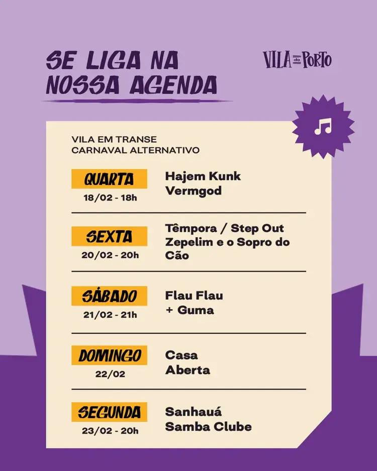 Cartaz do evento com detalhes sobre o show ao vivo do Vila do Porto com Têmpora e Step Out no dia 20 de fevereiro às 20h.