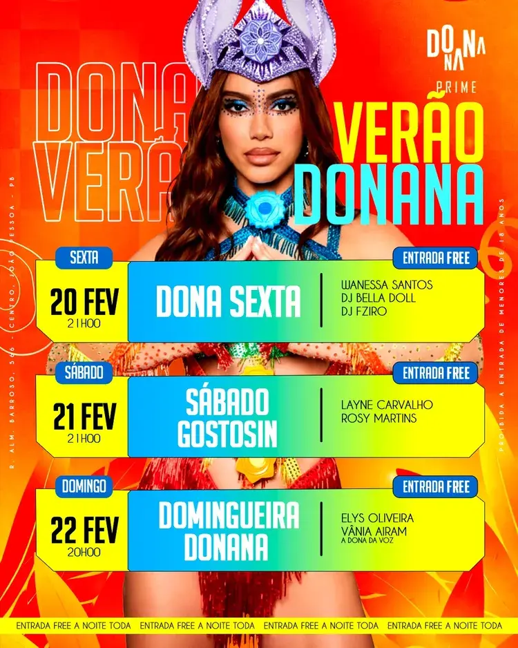 Banner do evento com Layne Carvalho e Rosy Martins, incluindo data e informações de entrada gratuita. Evento no Dona Prime em João Pessoa.