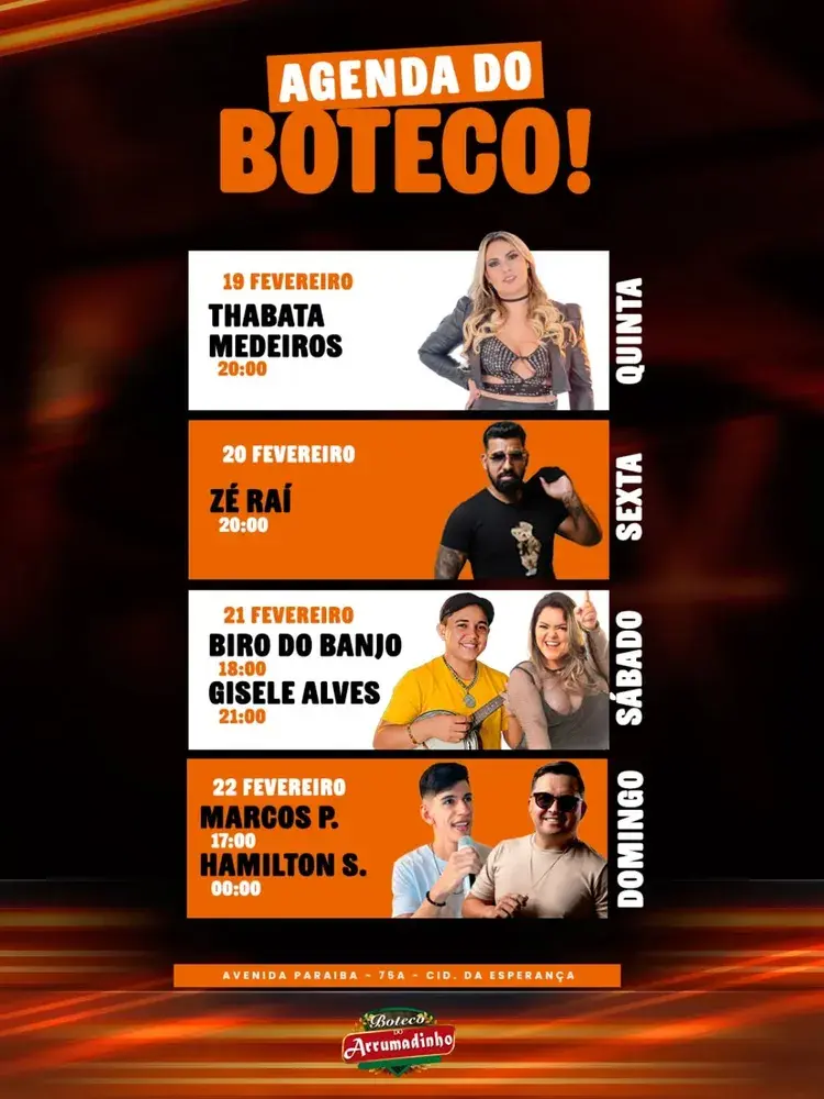 Agenda do Boteco do Arrumadinho mostrando a apresentação de Zé Raí no dia 20 de fevereiro às 20:00.